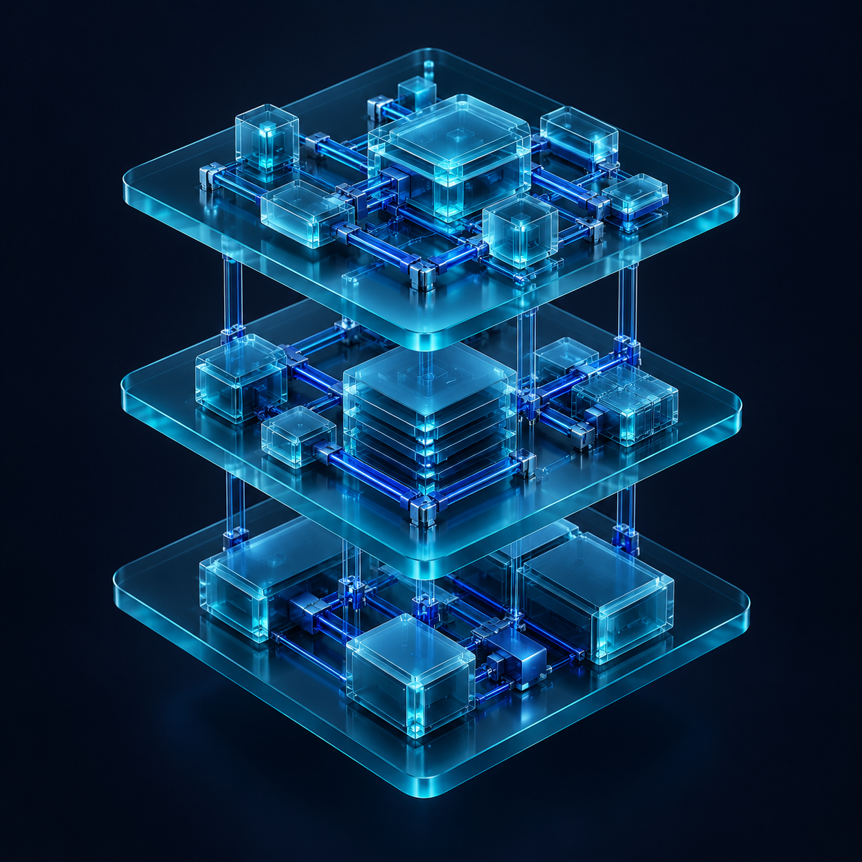 Modelo conceptual de arquitectura de software con tres capas conectadas en azul y cian